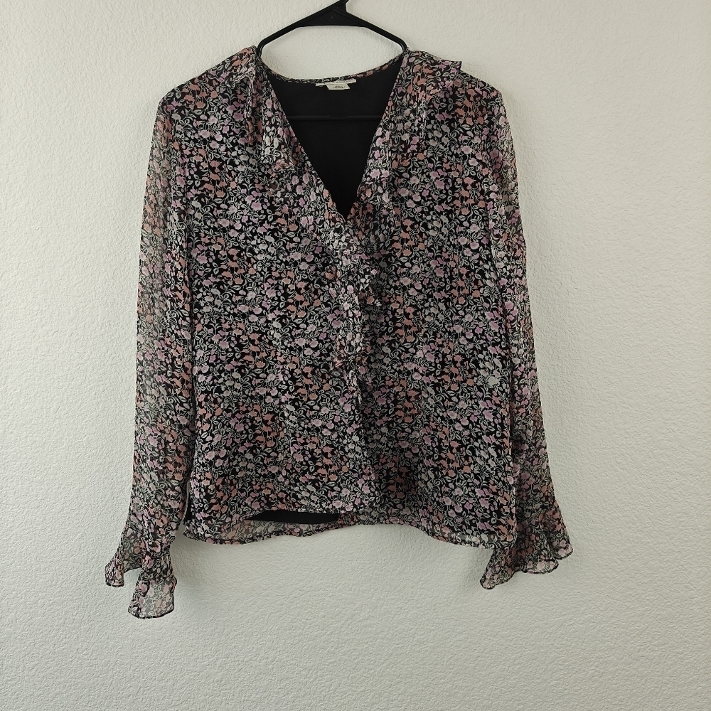 Laura Ashley VTG Silk Floral Long Sleeve V-neck Ruffle Blouse Sz 12 Cottagecore